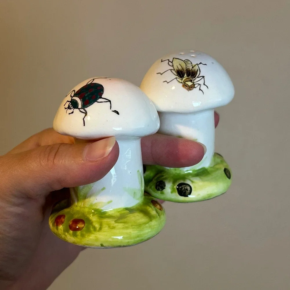 Vintage Mushroom Japan Ceramic Salt & Pepper Shakers Bug Whimsical Forest Decor
